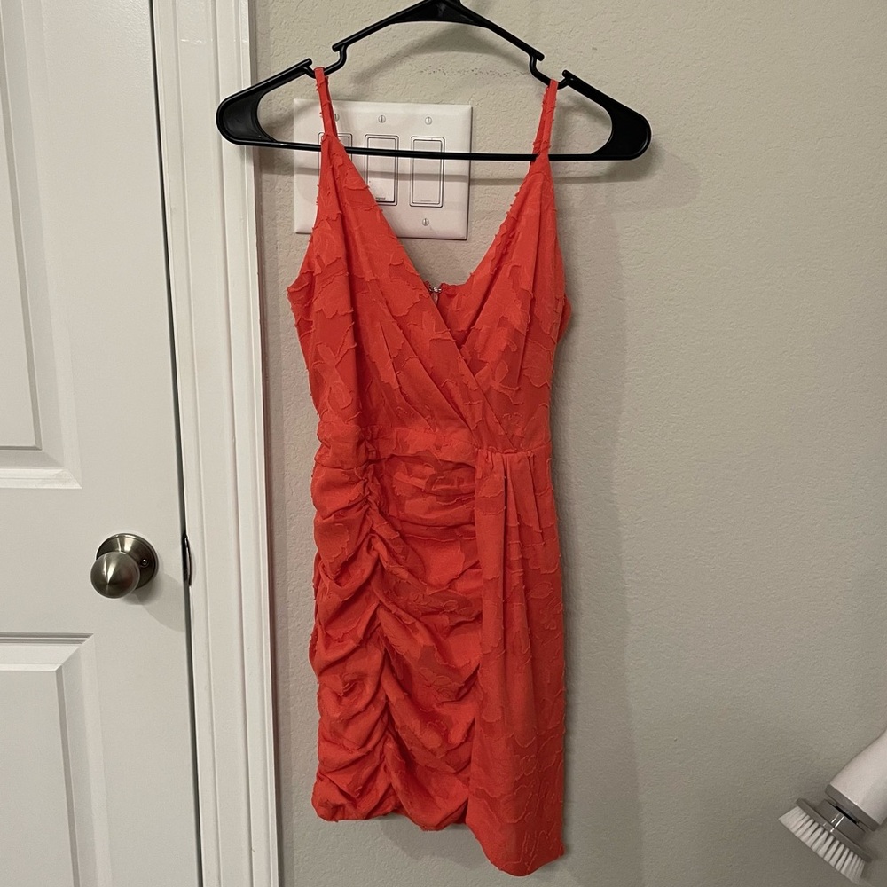 Lulu's Primped to Perfection Red Floral Burnout Chiffon Ruched Dress